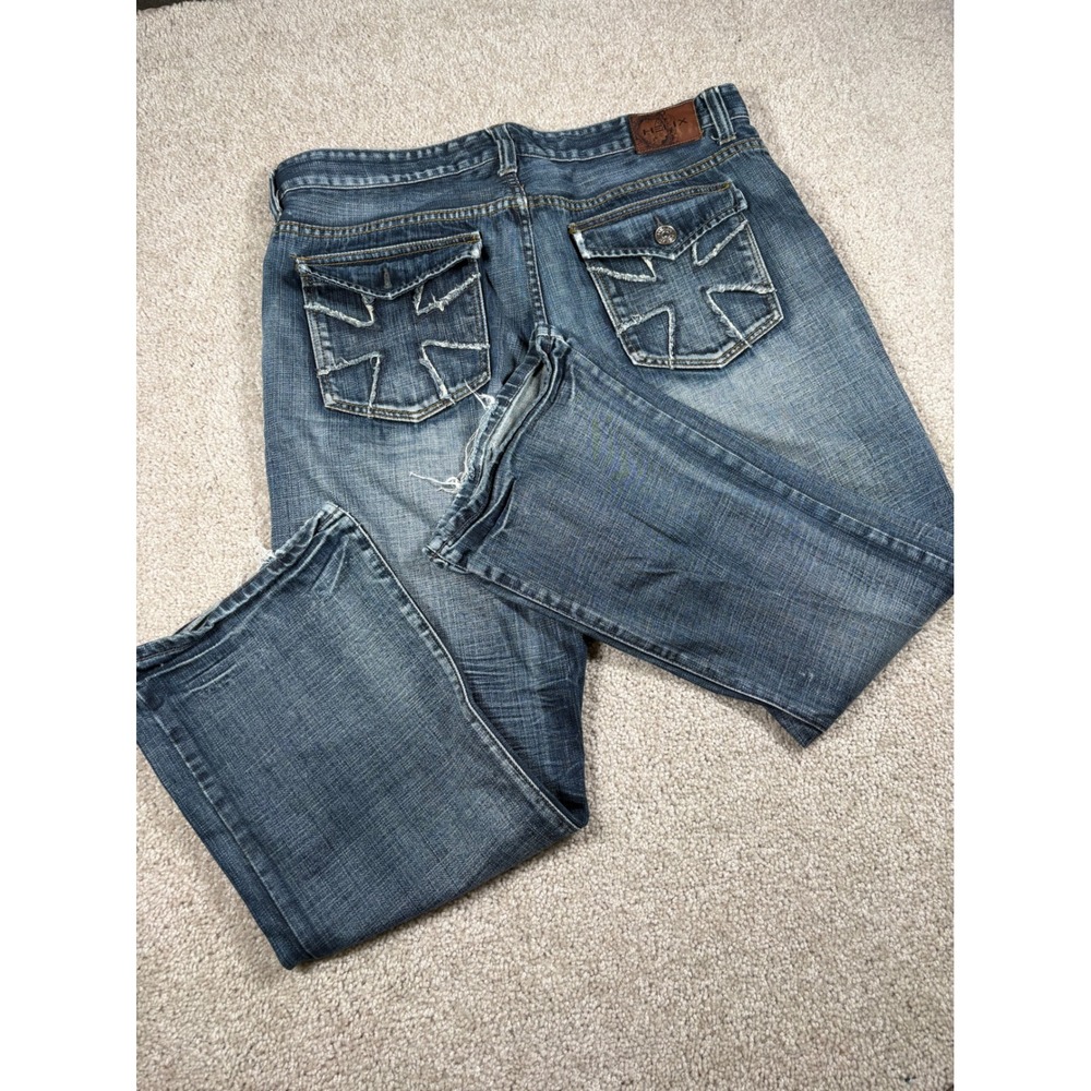 Helix Mens Slim Bootcut Jeans 38x30 Medium Wash Distressed Cross Pocket Denim